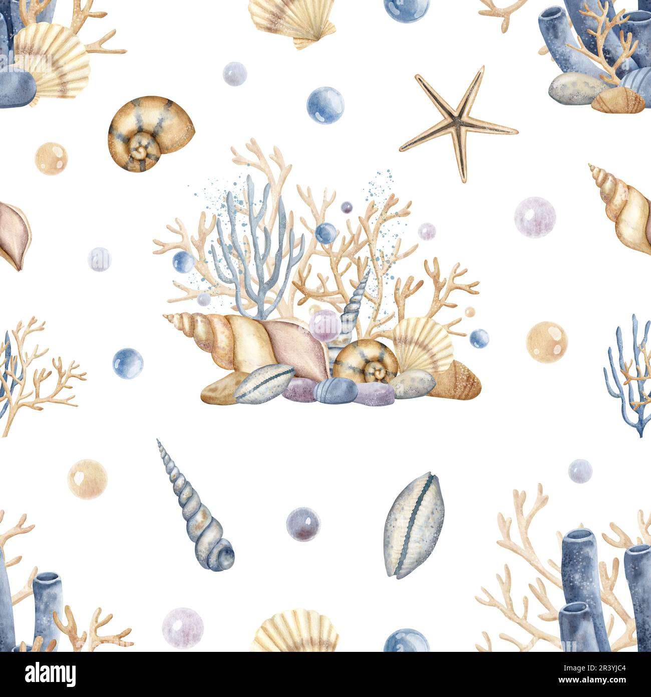 Seashell sans couture motif sur fond blanc isolé. Illustration dessinée à la main de coquilles Saint-Jacques, de nautilus et de coraux pour la conception textile ou le papier d'emballage de style marin. Décoration Cockleshell. Banque D'Images