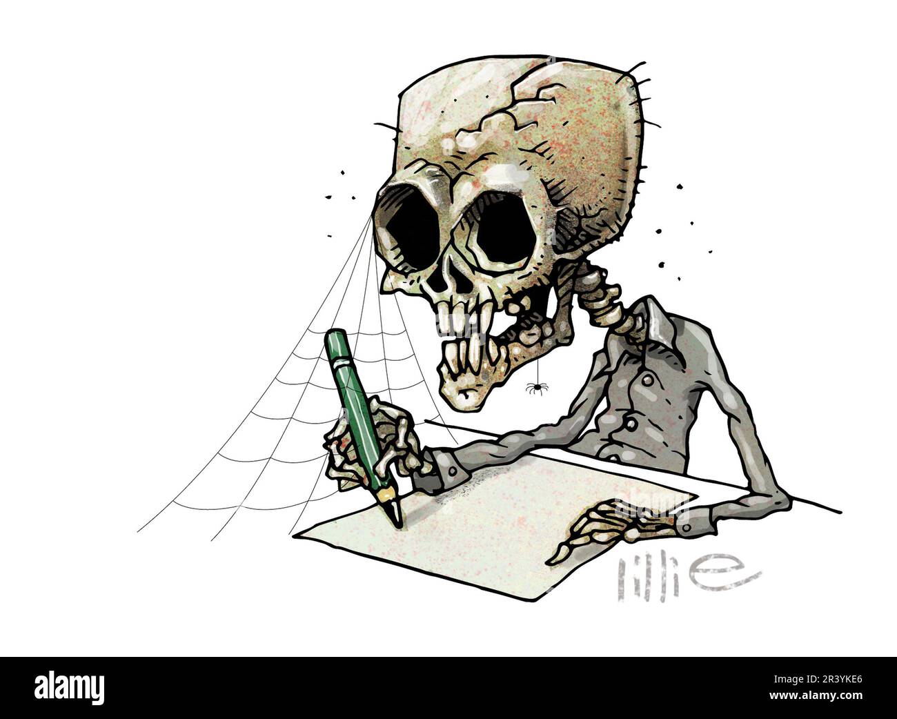 Concept art squelette couvert dans les toiles d'araignée, tenant stylo crayon sur feuille de papier vierge, jour ennuyeux, en attente d'une élévation, travail final, a travaillé à la mort Banque D'Images