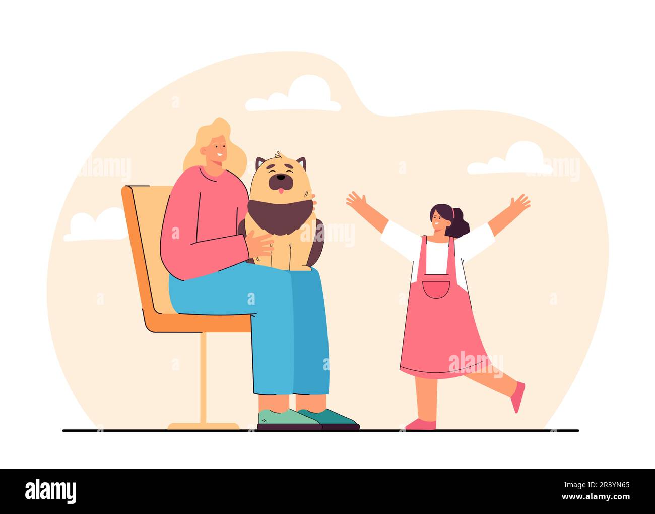 Fille courant vers la mère assise sur une chaise avec un chien Illustration de Vecteur