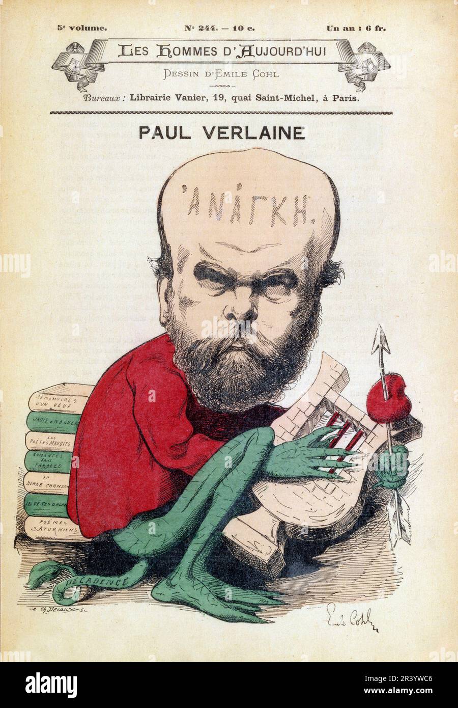 Caricature du poete Paul Verlaine (1844-1896) en décadence par Emile Cohl (1857-1938). 'Les hommes d'aujourd'hui', 1880 environ. Banque D'Images