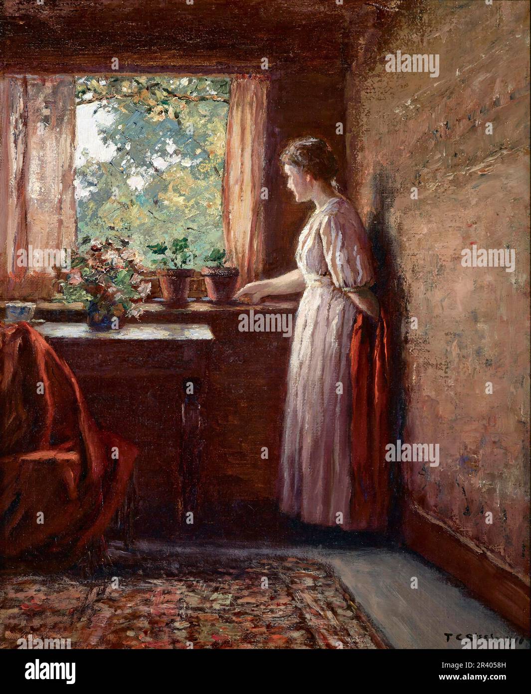 T C Steele. La fille par la fenêtre par le peintre impressionniste américain, Theodore Clement Steele (1847-1926), huile sur toile, 1910 Banque D'Images
