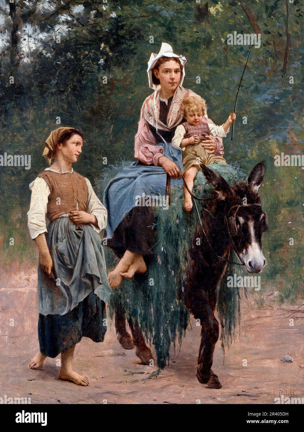 Famille paysanne italienne par le peintre naturaliste français François-Alfred Delobbe (1835-1920), huile sur toile Banque D'Images