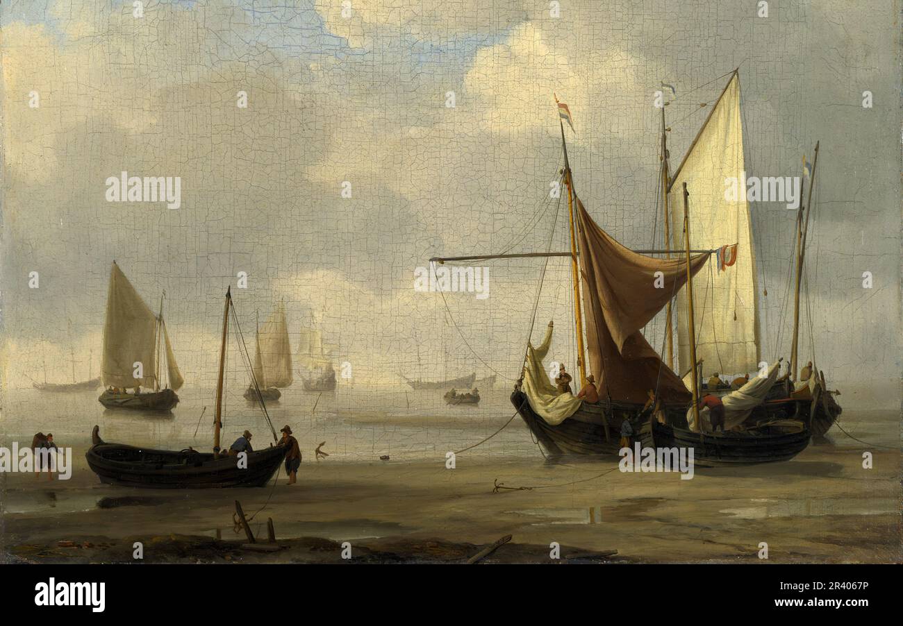 Titre complet: De petits bateaux hollandais s'agrment à basse eau dans un calme artiste: Willem van de Velde Date de fabrication: Vers 1660 Banque D'Images