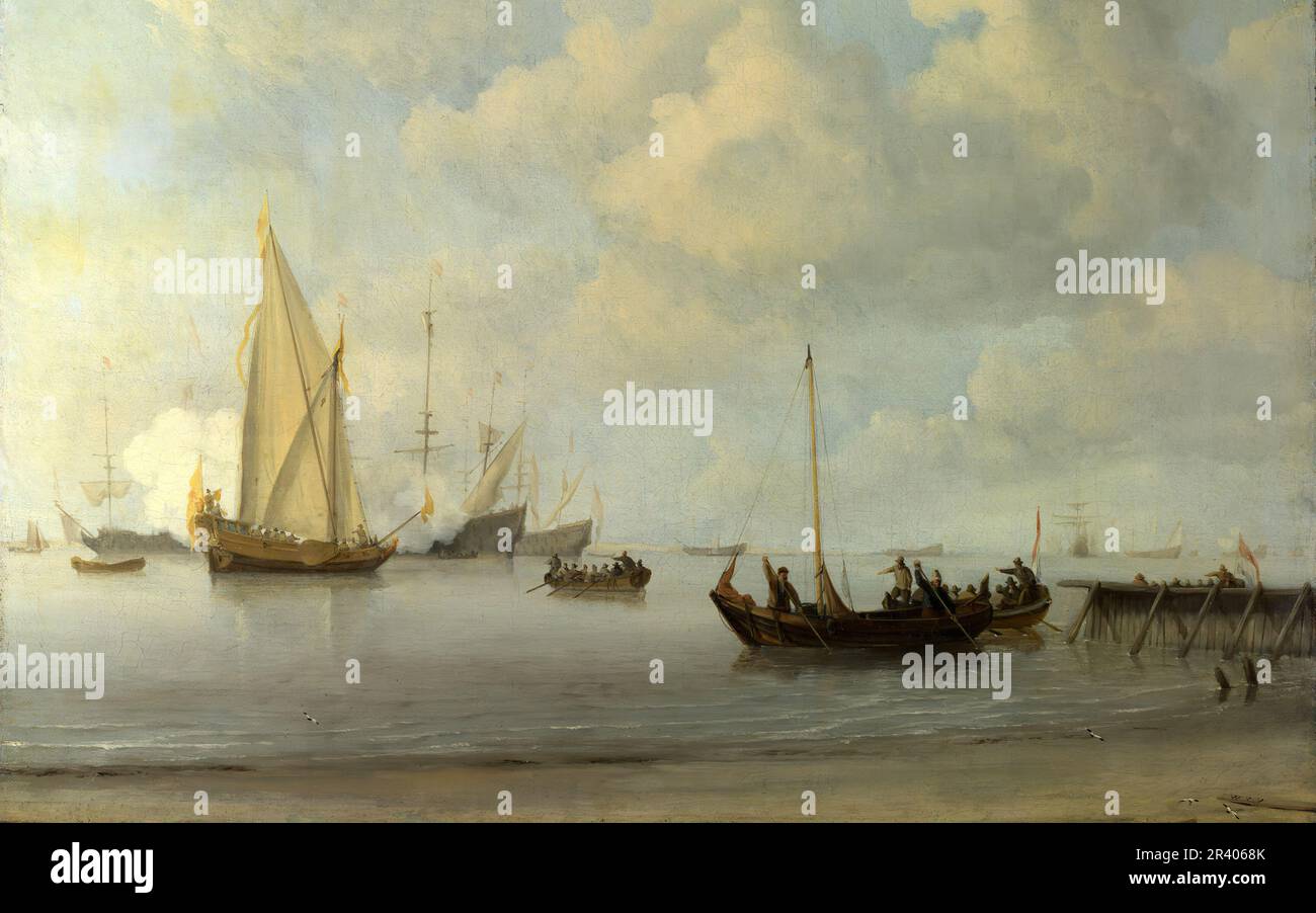 Titre complet: Bateaux tirant vers un yacht dans un calme artiste: Willem van de Velde Date de fabrication: Vers 1665 Banque D'Images