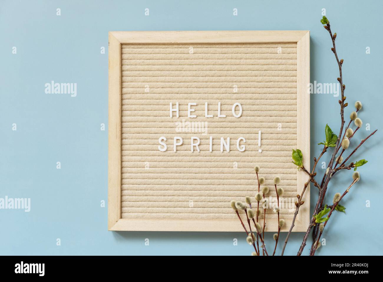 Tableau de lettres avec citation BONJOUR PRINTEMPS et avec des branches vertes sur fond bleu, composition de style minimaliste. Welc. Printemps Banque D'Images