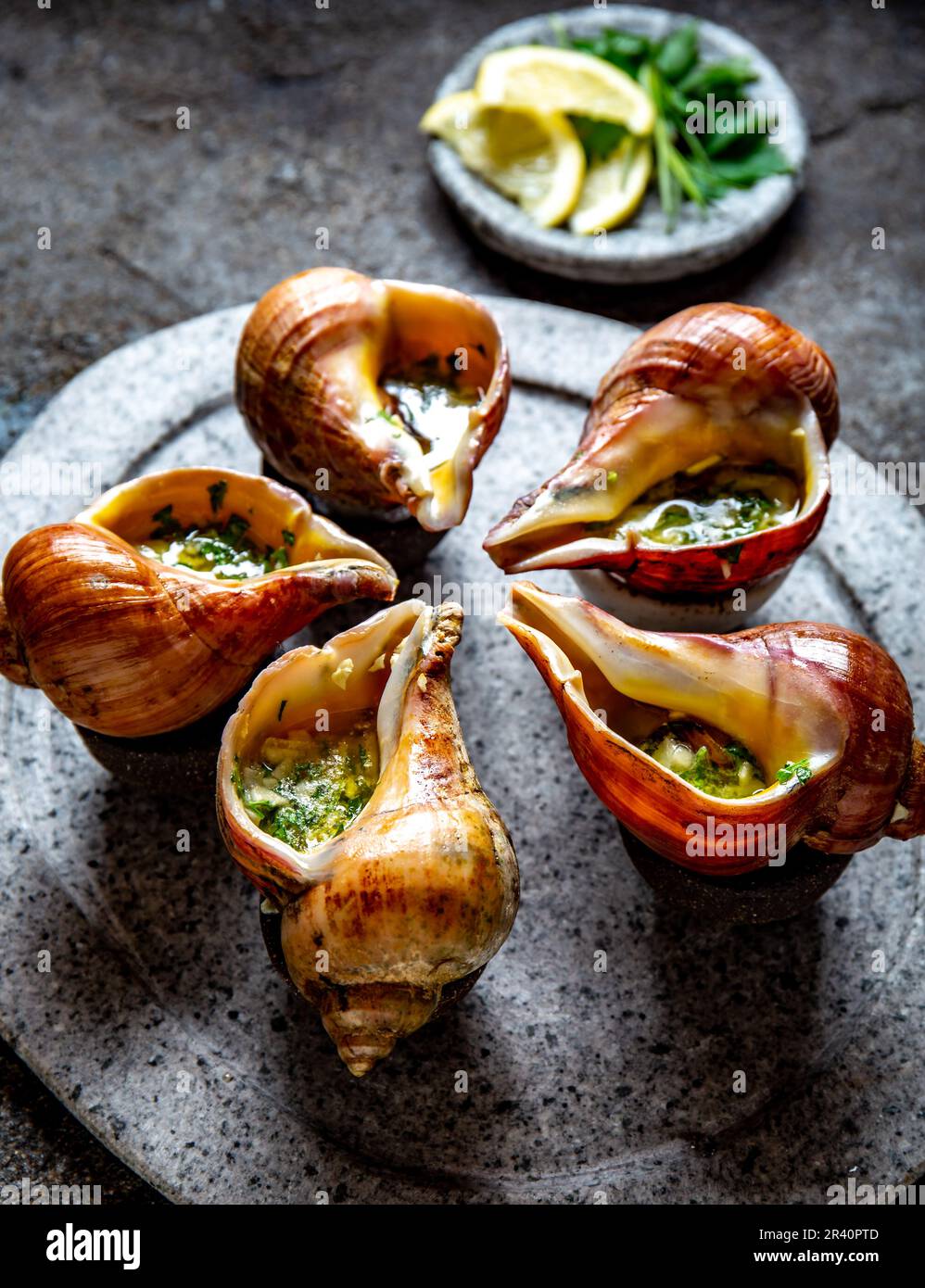 Escargots géants chiliens avec le beurre, l'ail et fines herbes sur la plaque en pierre grise de l'océan pacifique de l'escargot. Banque D'Images