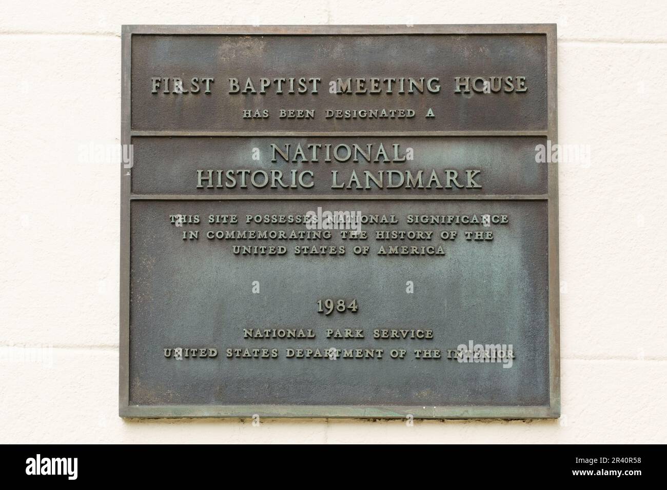 Plaque du site historique national First Baptist Meeting House, Providence, Rhode Island, USA on 15 mai 2023 Banque D'Images