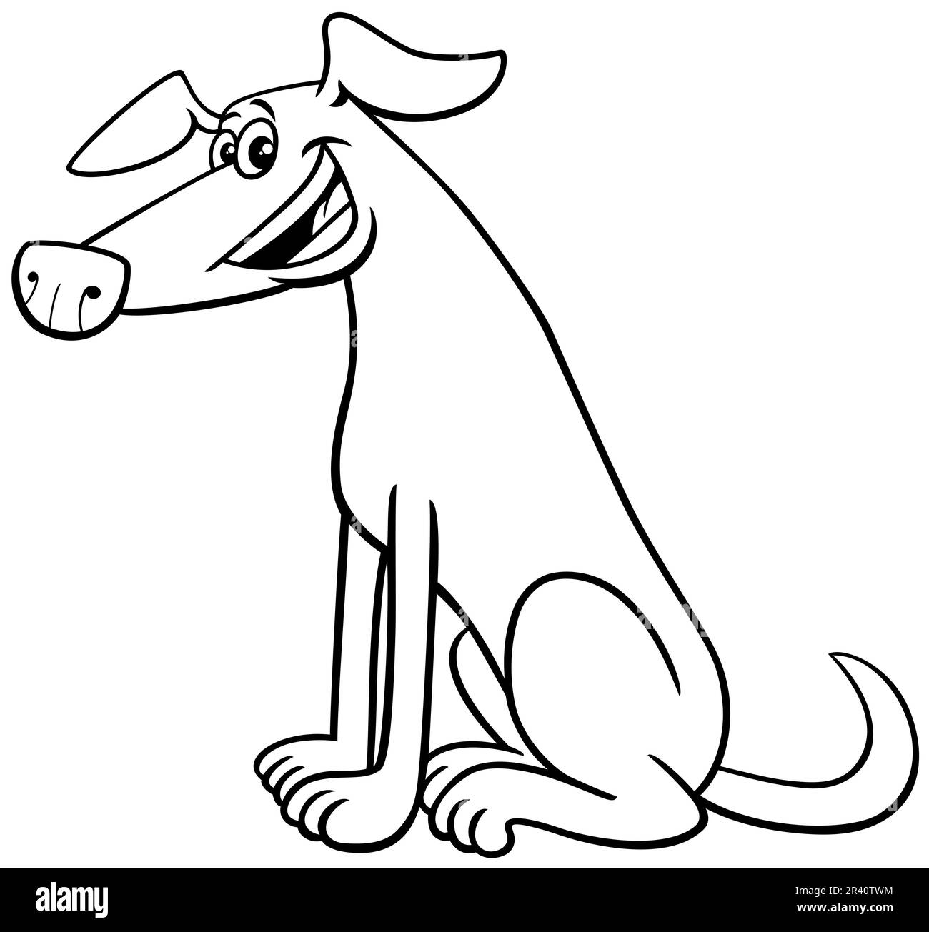 Page de coloriage drôle de personnage animal de chien assis de dessin animé Banque D'Images