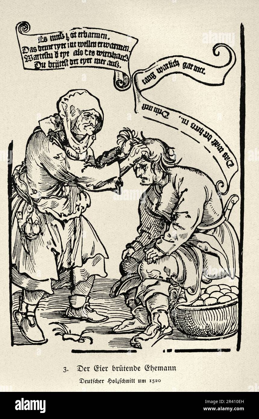 Illustration vintage le mari qui hache les oeufs. Coupe de bois allemande vers 1520, 16th siècle d'art Banque D'Images