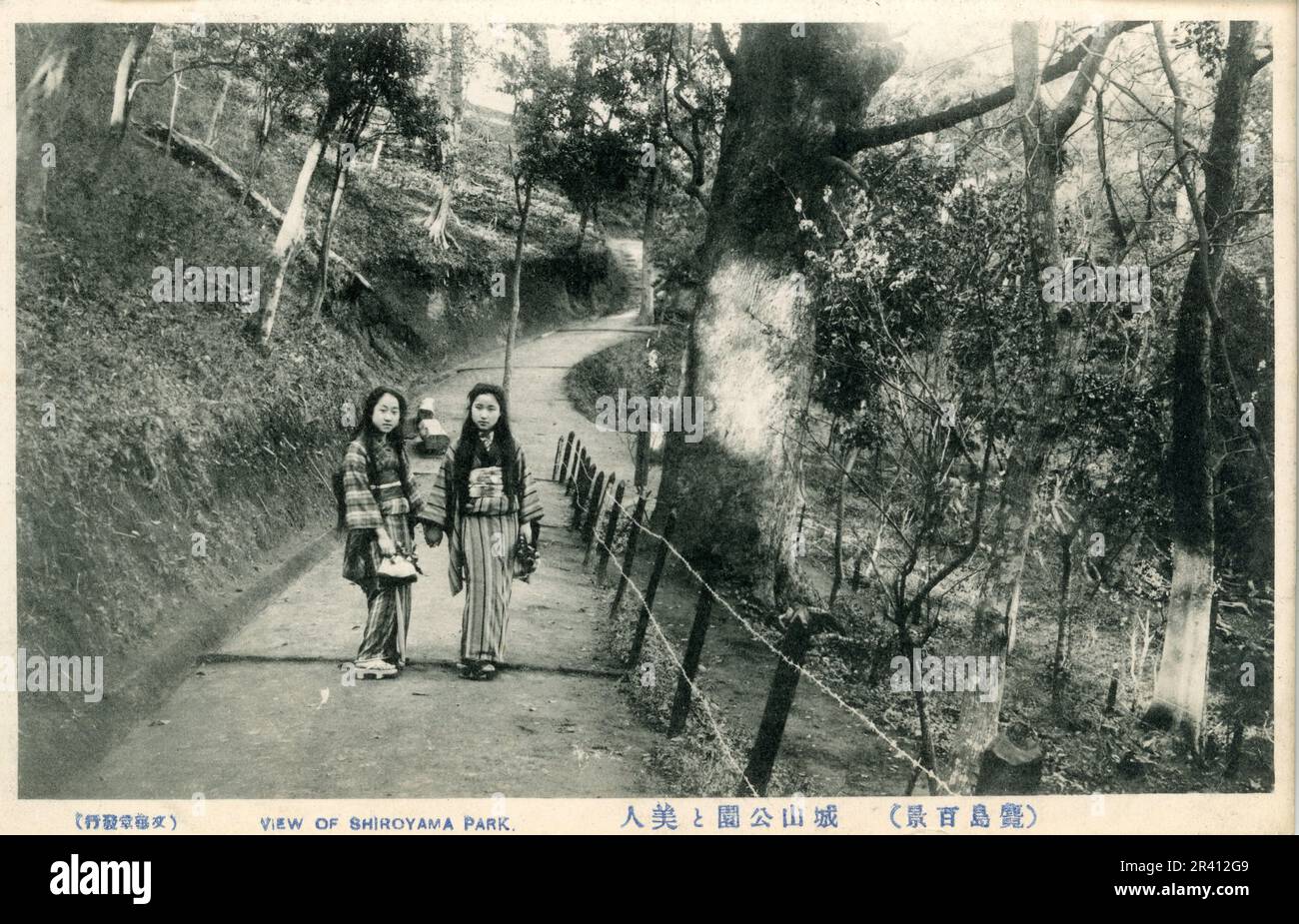 Japon scènes de topographie, de sanctuaires, de cascades et de scènes de rue au début du 20th siècle. Hôtels, volcans. Banque D'Images