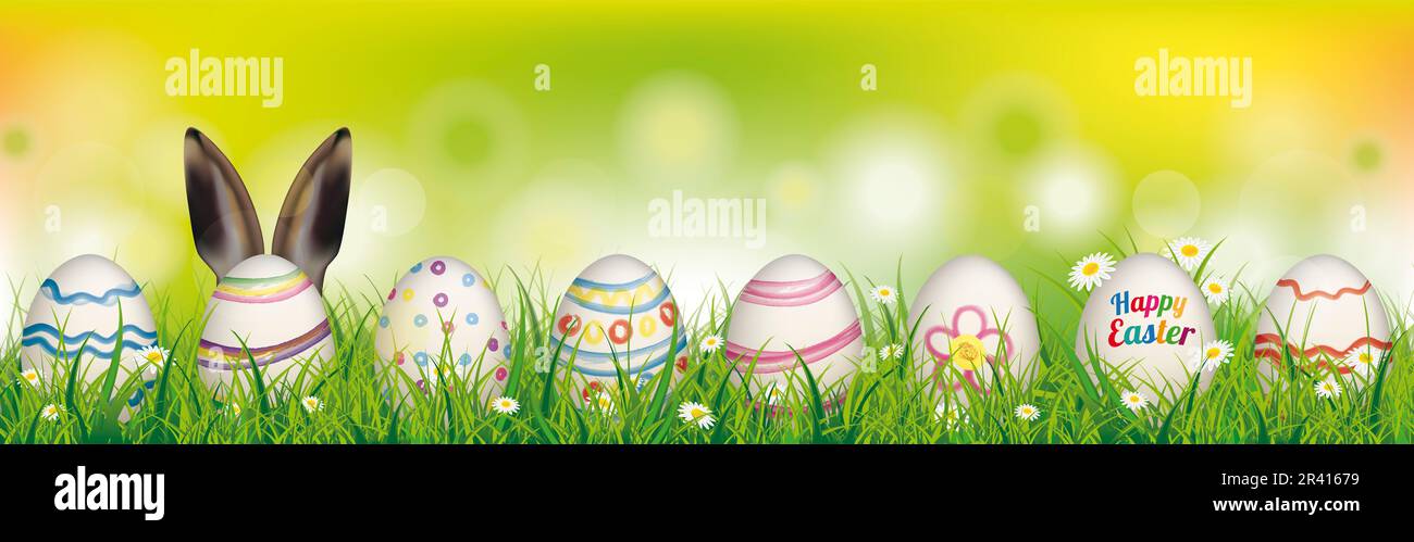 Affiche supérieure de printemps des oeufs de Pâques heureux naturels oreilles de lapin Banque D'Images