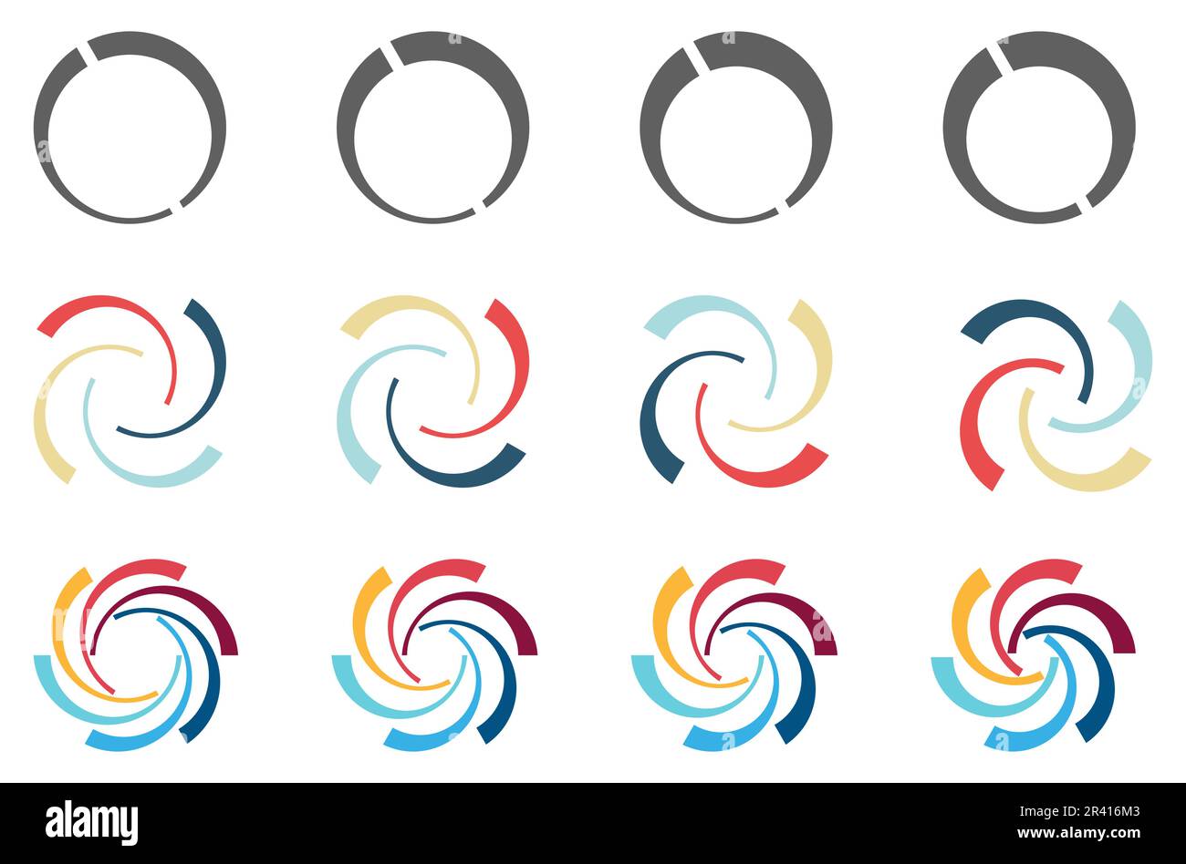 Coupes d'arc de cercle disposées en plus grand rond, formant des pales de tourbillon ou de ventilateur comme le symbole, version avec quatre et six éléments Illustration de Vecteur