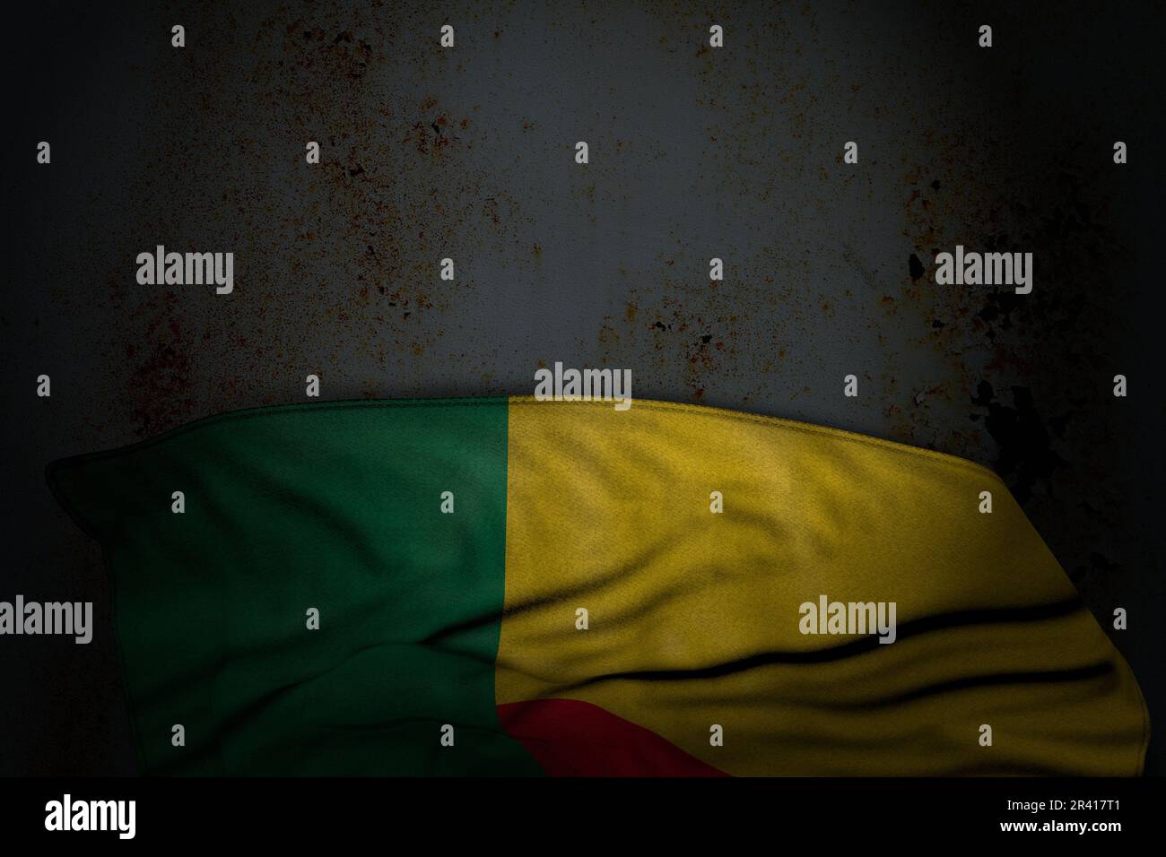 Belle photo sombre du drapeau du Bénin avec de grands plis sur métal rouillé avec un espace vide pour le contenu - n'importe quelle illustration du drapeau de vacances 3D Banque D'Images Belle photo sombre du drapeau du Bénin avec de grands plis sur métal rouillé avec un espace vide pour le contenu - n'importe quelle illustration du drapeau de vacances 3D Banque D'Images