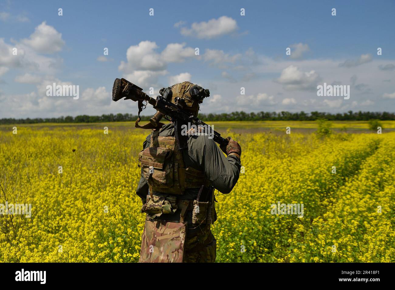 Vuhledar, Oblast de Donetsk, Ukraine. 25th mai 2023. Un soldat ukrainien de la Brigade des Jager de 68th traverse les champs de fleurs à l'extérieur de la ville de Vuhledar. (Credit image: © Madeleine Kelly/ZUMA Press Wire) USAGE ÉDITORIAL SEULEMENT! Non destiné À un usage commercial ! Banque D'Images