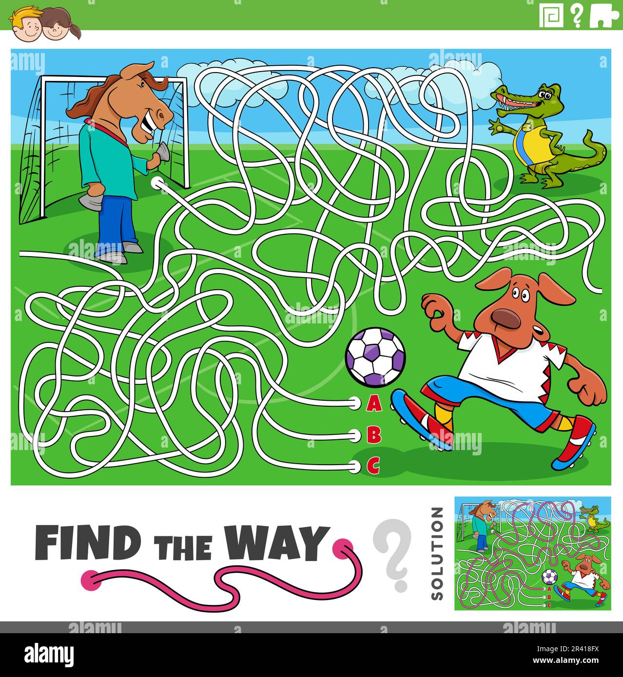 Trouvez le jeu de labyrinthe avec des animaux de dessin animé jouant au football Banque D'Images