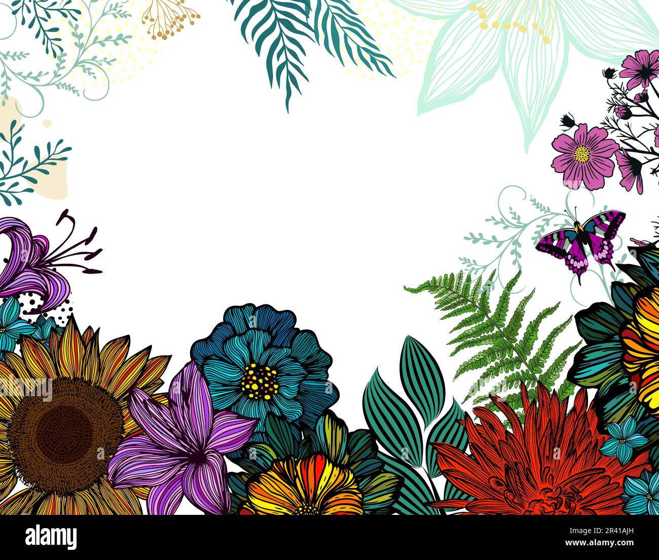 Cadre avec fleurs colorées. Carte postale avec différentes belles fleurs. Illustration vectorielle Illustration de Vecteur