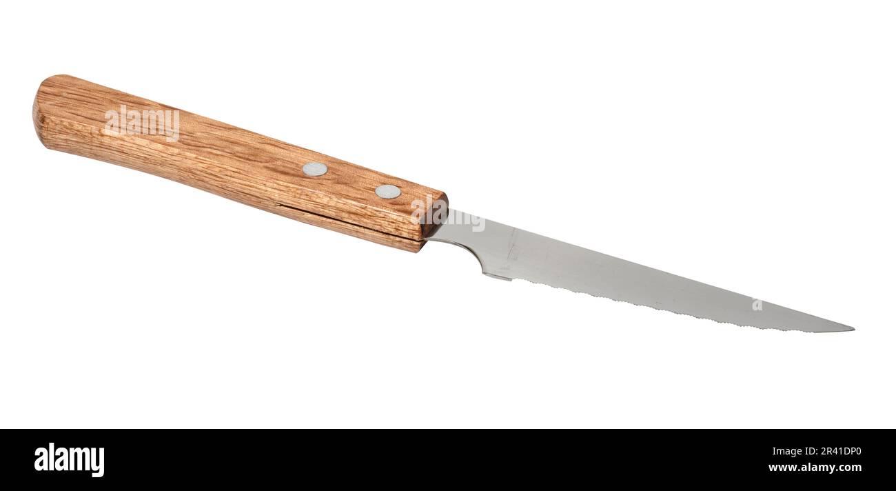 Couteau de table avec poignée en bois sur fond blanc isolé Banque D'Images