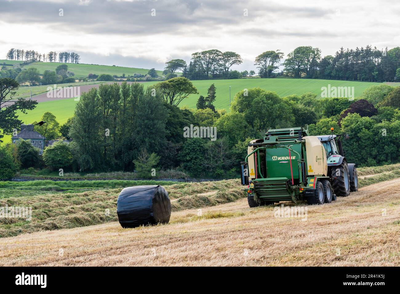 Timoleague, West Cork, Irlande. 25th mai 2023.Timoleague, West Cork, Irlande. Le jour le plus chaud de l'année, Richard McCarthy, qui exploite des produits laitiers avec son frère Michael, balle de l'ensilage dans sa ferme de Timoleague, à West Cork. Richard utilise un tracteur Deutz-Fahr Agrotron K610 et une presse à balles Krone Comprina CF 155 XC. Crédit : AG News/Alay Live News Banque D'Images