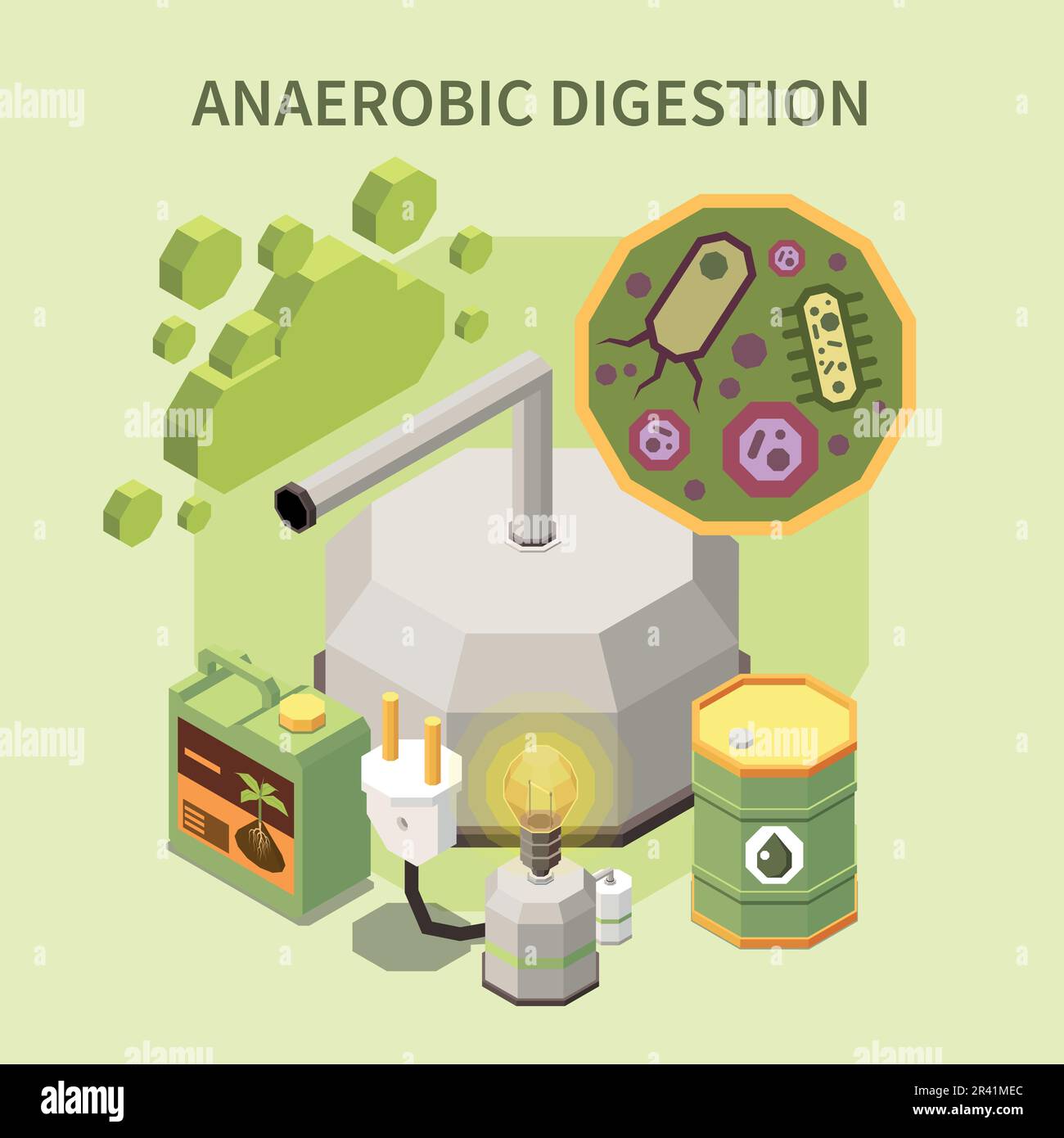 Production de biogaz composition isométrique avec digestion anaérobie engrais biocarburant électricité sur fond de couleur 3D illustration vectorielle Illustration de Vecteur