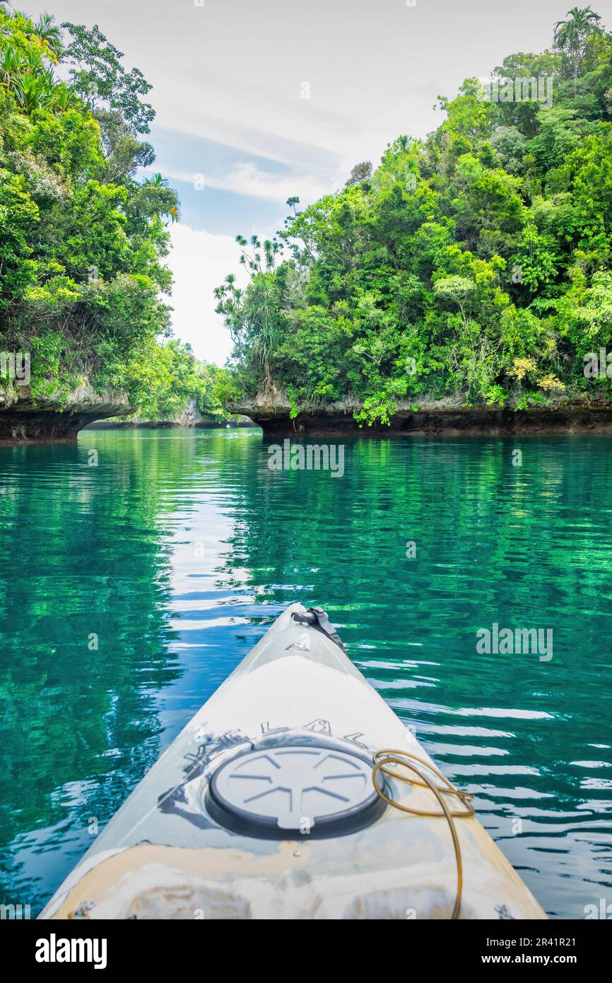 Kayak dans les îles Rock à Palau, Micronésie, Océanie, site classé au patrimoine mondial de l'UNESCO Banque D'Images