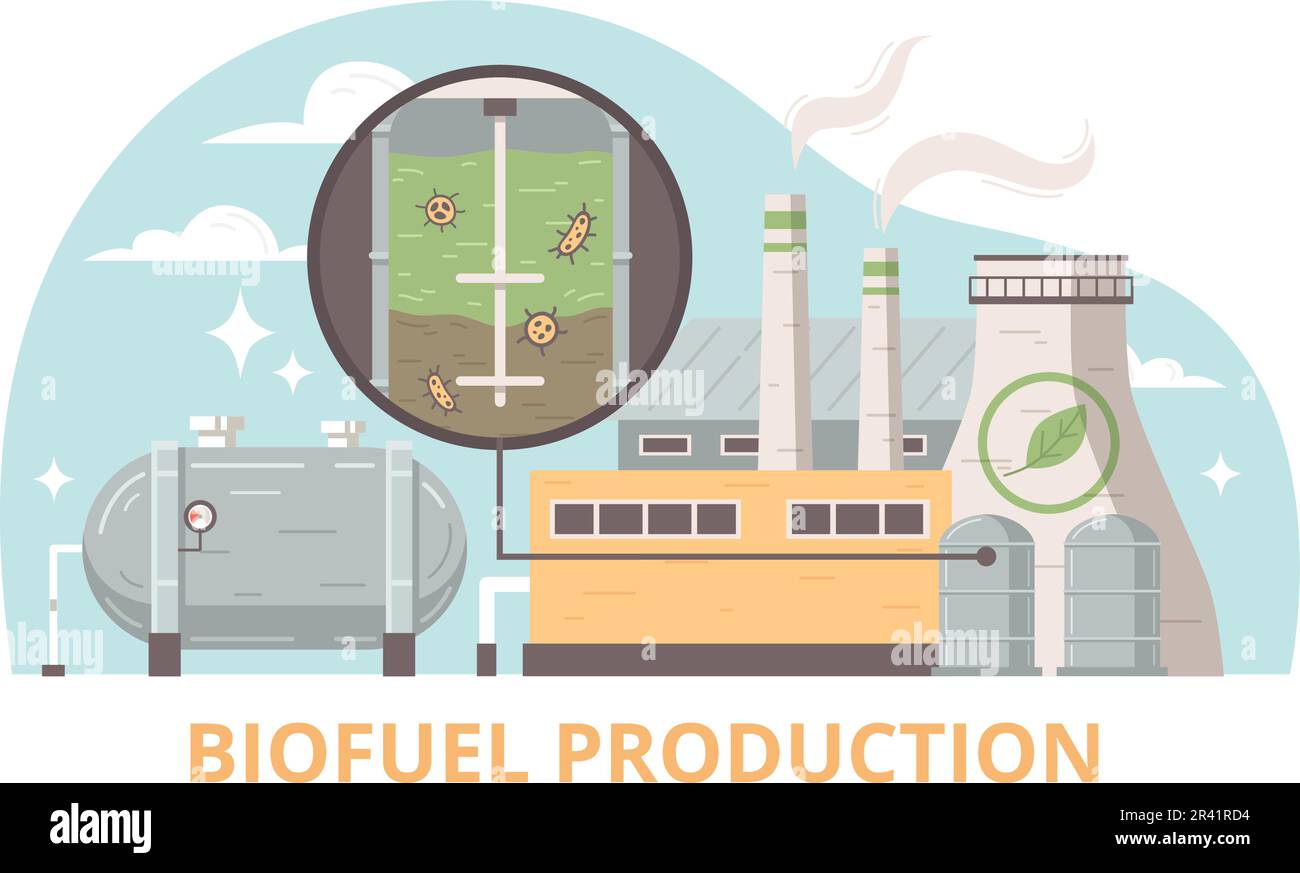 Production de biocarburants conception plate démonstration de l'usine de transformation pour convertir la biomasse en énergie par la méthode de digestion anaérobie vecteur illustraa Illustration de Vecteur