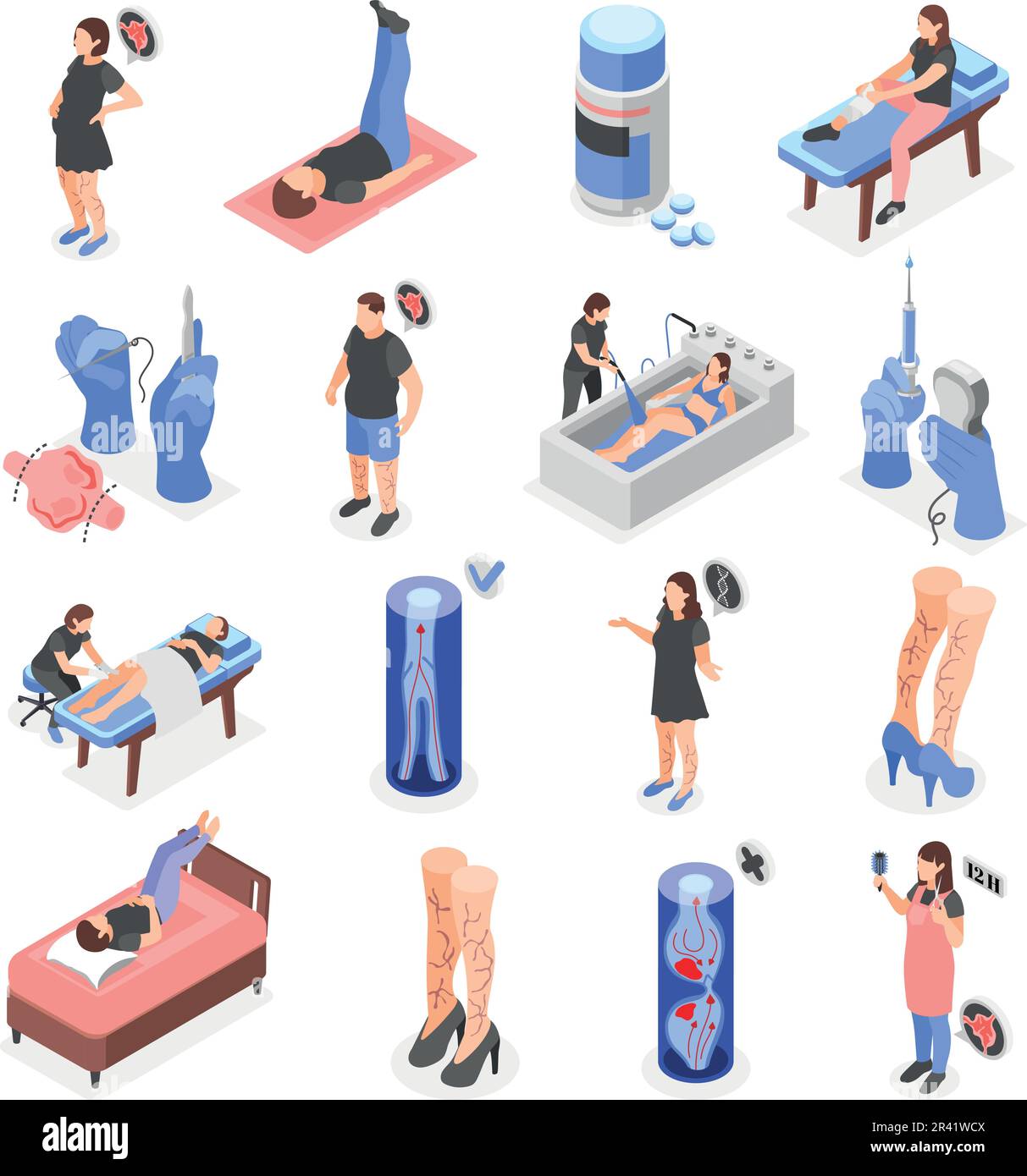 Varices isométriques ensemble d'icônes isolées avec les caractères humains des patients symptômes exercices et fournitures médicales illustration vectorielle Illustration de Vecteur