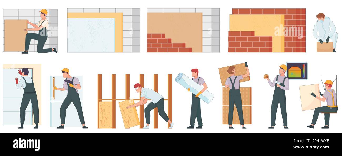 Isolation thermique jeu plat de personnages humains isolés de travailleurs avec panneaux muraux briques et illustration vectorielle de papier peint Illustration de Vecteur