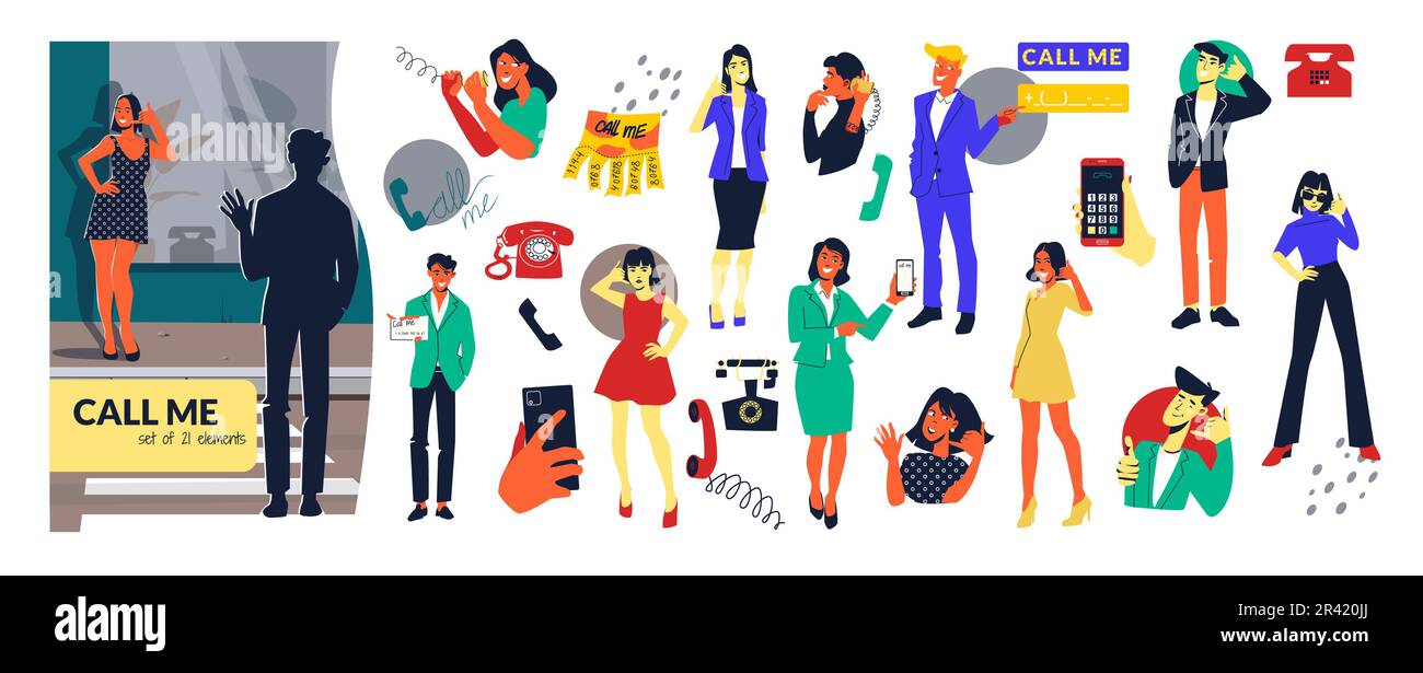 Appelez-moi téléphone plat icône ensemble beau élégant hommes et femmes flirting et gestantes pour une illustration de vecteur d'appel Illustration de Vecteur