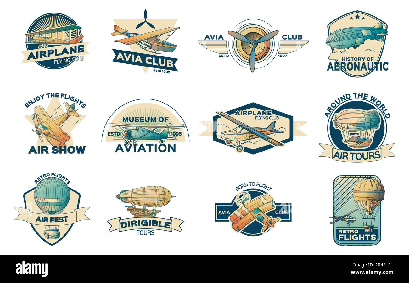 L'aéronautique rétro vintage de transport d'avion ensembles avec des compositions isolées de rubans texte et l'illustration de vecteur de navires aériens Illustration de Vecteur