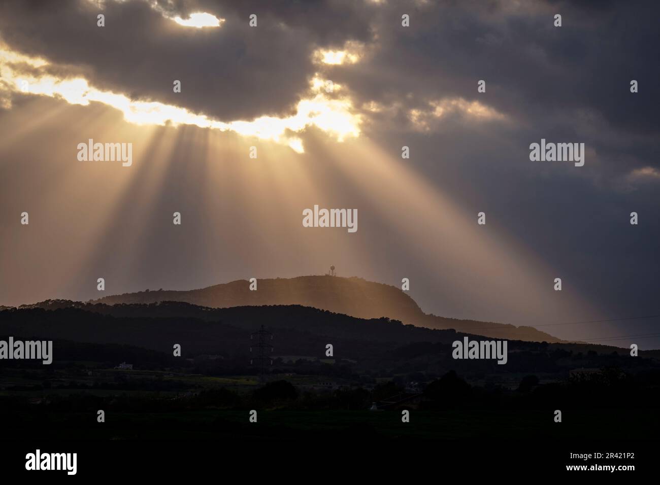 Rayos divinos sobre el Puig de Cura, Viña des pou de Sa Carrera, viñas Mesquida Mora, Porreres, Majorque, Iles Baléares, Espagne. Banque D'Images