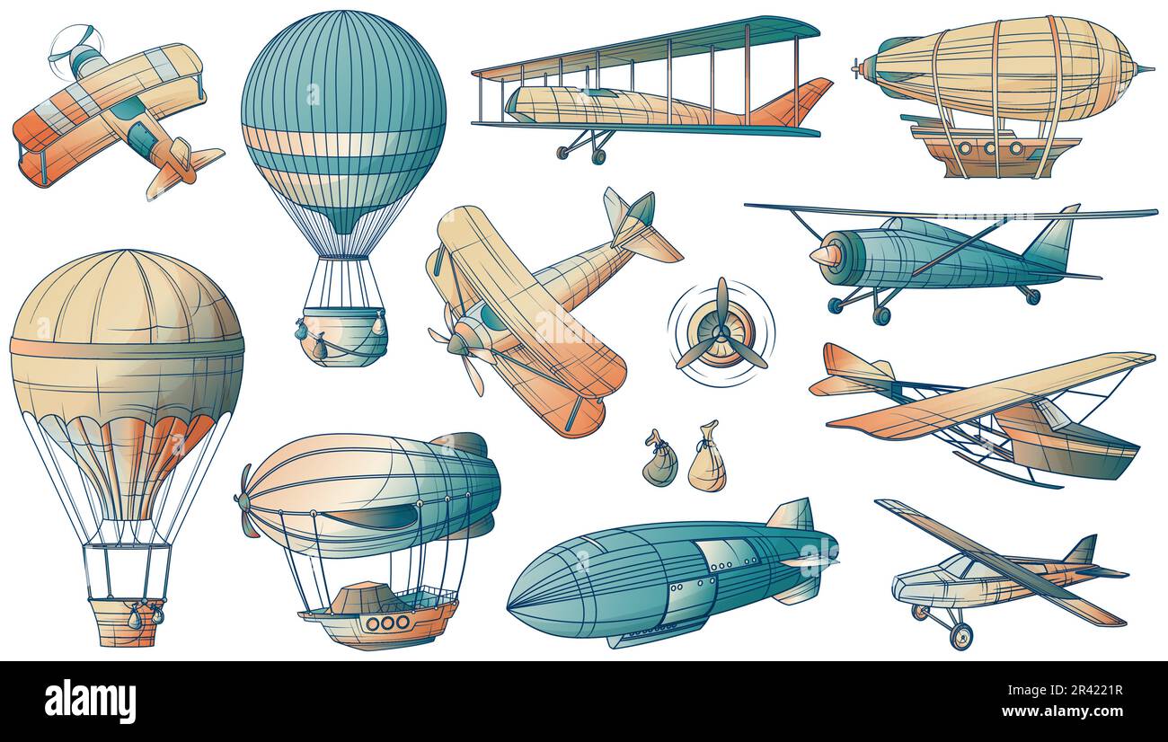 Aéronautique ensemble d'images isolées de style rétro et vintage d'avions et de navires de transport aérien illustration vectorielle Illustration de Vecteur