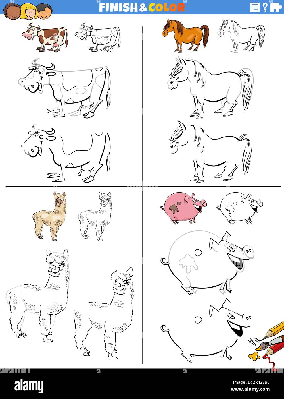 Les feuilles de travail de dessin et de coloration sont mises en place avec des animaux de ferme Banque D'Images