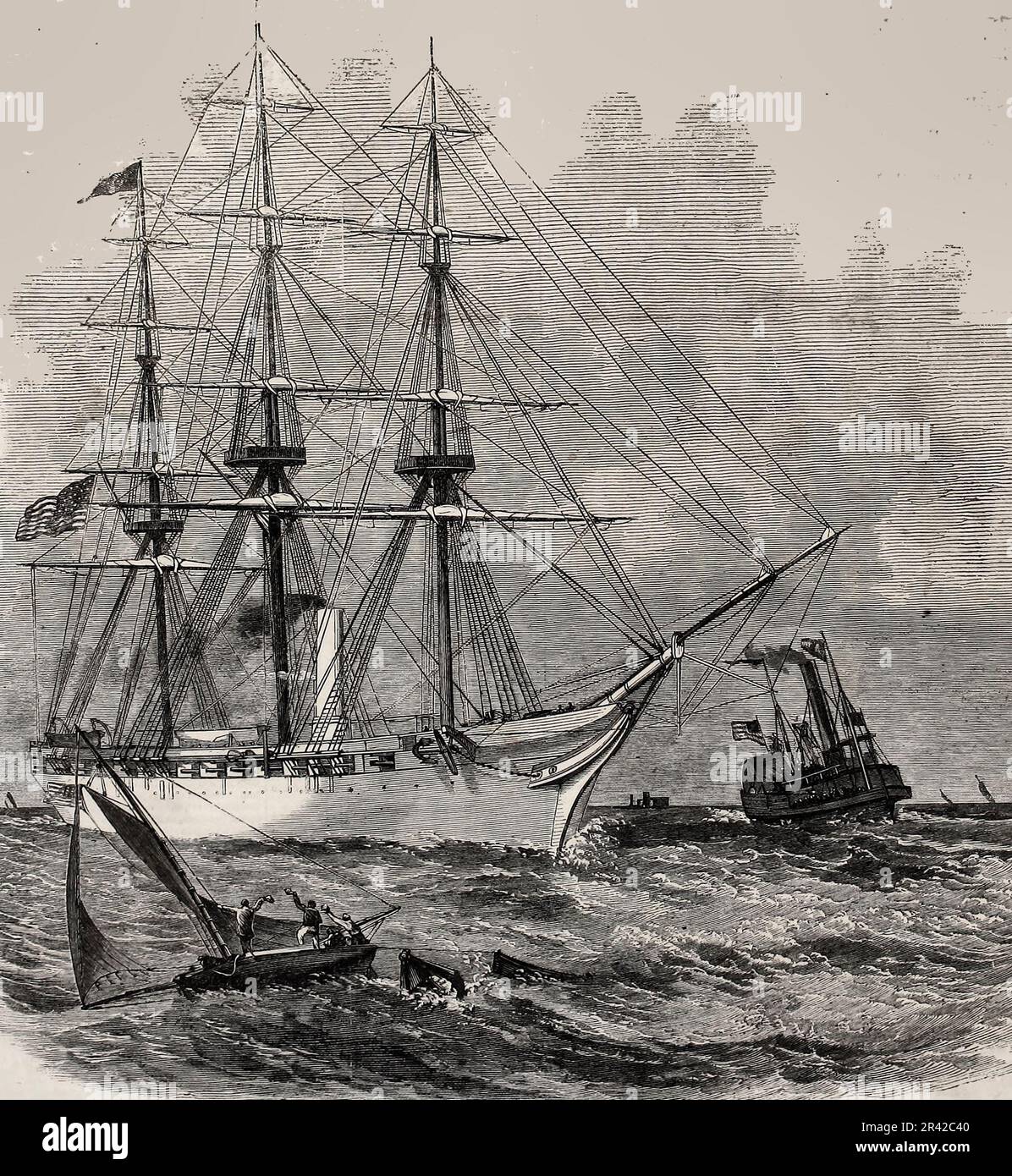 Arrivée de l'amiral Farragut dans le port de New York, 18 décembre 1864 - vue du navire amiral, le Hartford, qui arrive dans la baie Banque D'Images