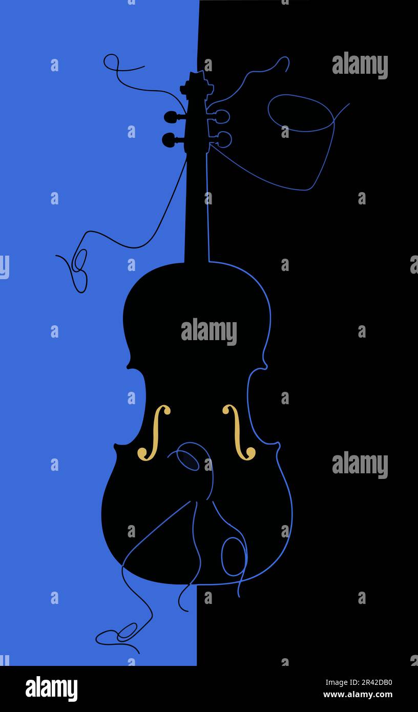 Un violon aux cordes brisées est vu dans une illustration intéressante. Une lumière dorée brille à l'intérieur du violon. Le thème est le violon. Illustration de Vecteur