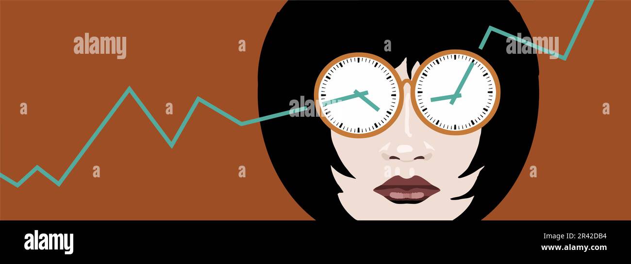 Un investisseur boursier féminin avec des horloges pour les yeux tente de temps le marché et de planifier quand acheter et quand vendre sur le marché boursier. Illustration de Vecteur