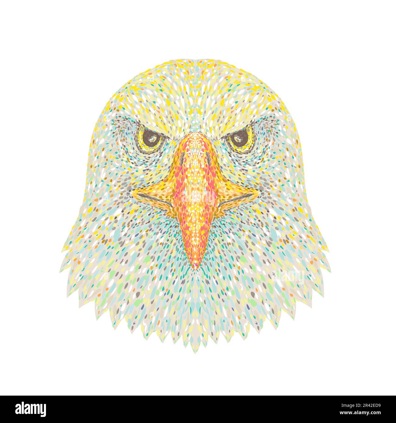 Illustration pointilliste, impressionniste ou pop art de la tête d'un aigle à tête blanche vue de devant sur un arrière-plan isolé dans un style rétro point art. Banque D'Images