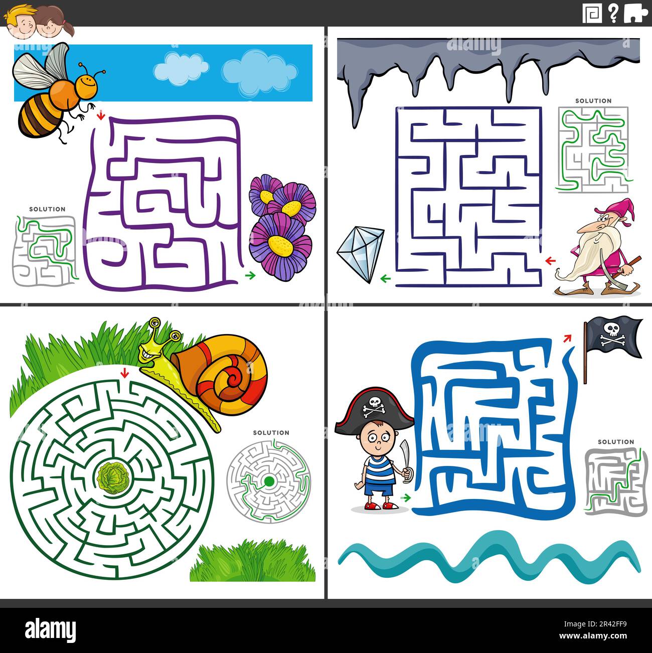 Des puzzles de labyrinthe avec des personnages de dessin animé drôles Banque D'Images