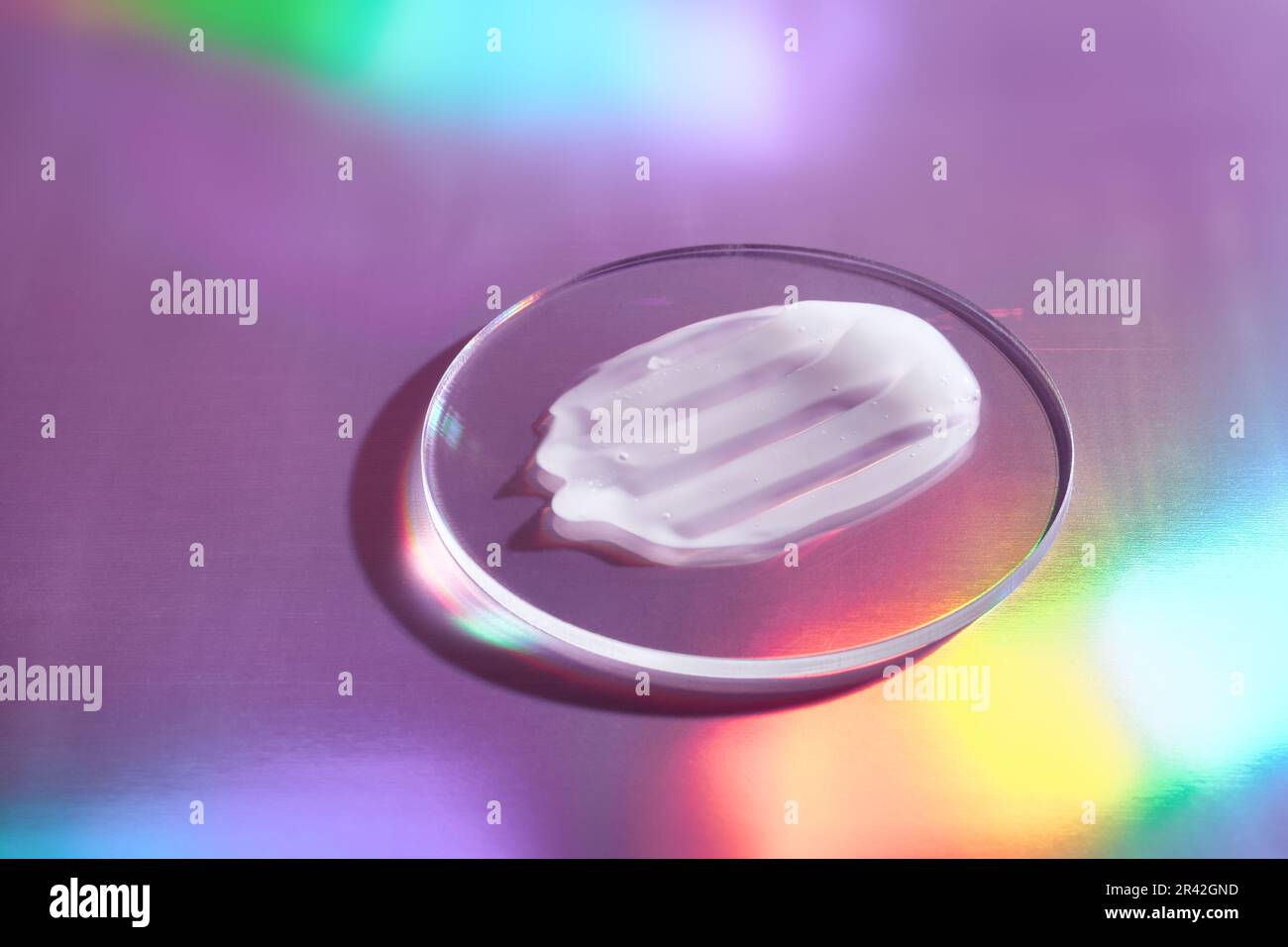 Frottis de crème dans un plat de pétri sur fond holographique avec des reflets irisés Banque D'Images