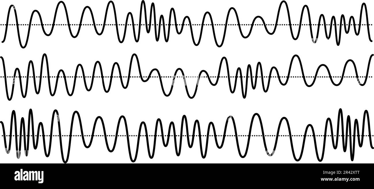 Signaux sinusoïdaux définis. Ondes sonores de courbe noire avec amplitude et fréquence différentes. Voix ou musique. Lignes pulsatoires. Collection de graphiques radio électroniques. Ensemble de modèles vectoriels Illustration de Vecteur