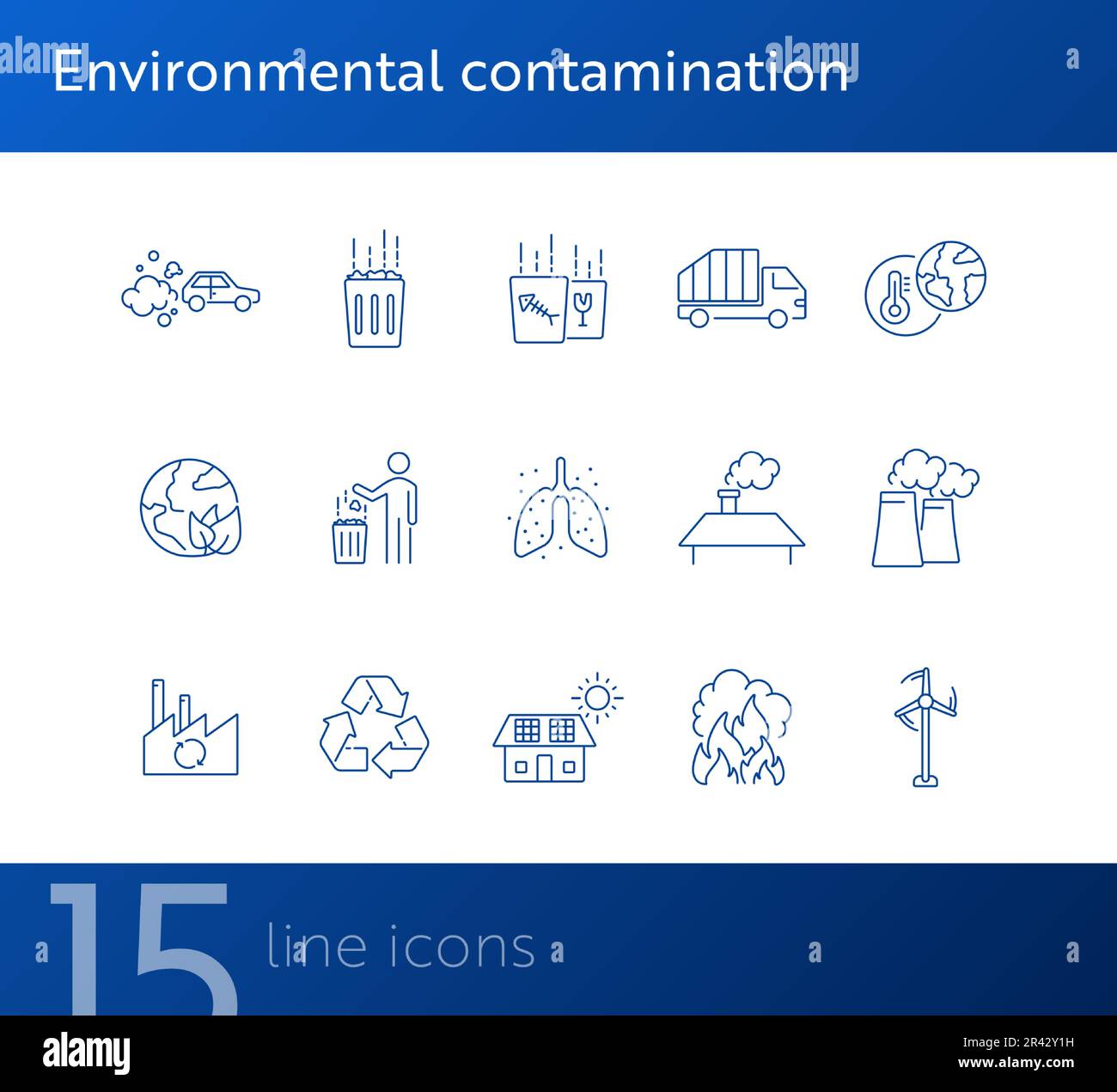 Icônes de contamination de l'environnement. Ensemble d'icônes de ligne Illustration de Vecteur