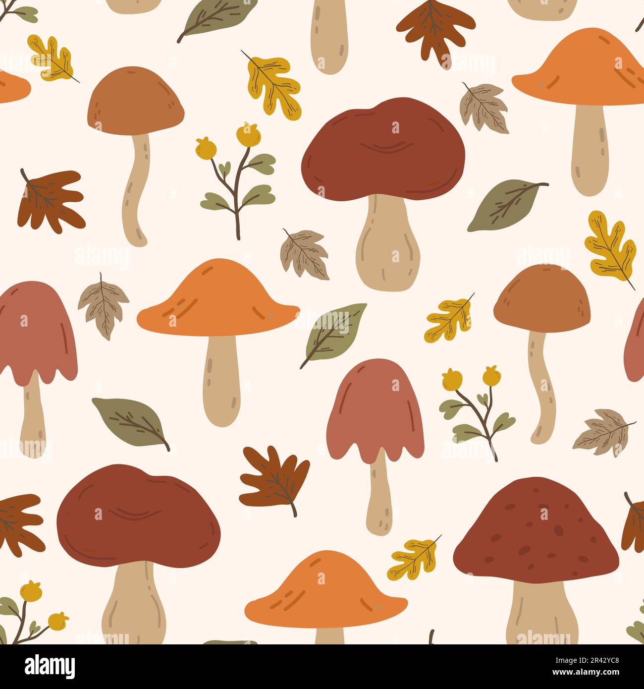Motif sans couture avec feuilles d'automne et champignons. Arrière-plan répétable avec champignons d'automne, baies et feuillage. Illustration de Vecteur