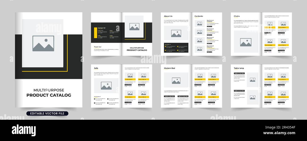 Catalogue de produits multi-usages et vecteur de mise en page de magazine promotionnel avec des couleurs jaune et sombre. Conception de catalogues d'informations sur les produits de l'entreprise. Mobilier Illustration de Vecteur