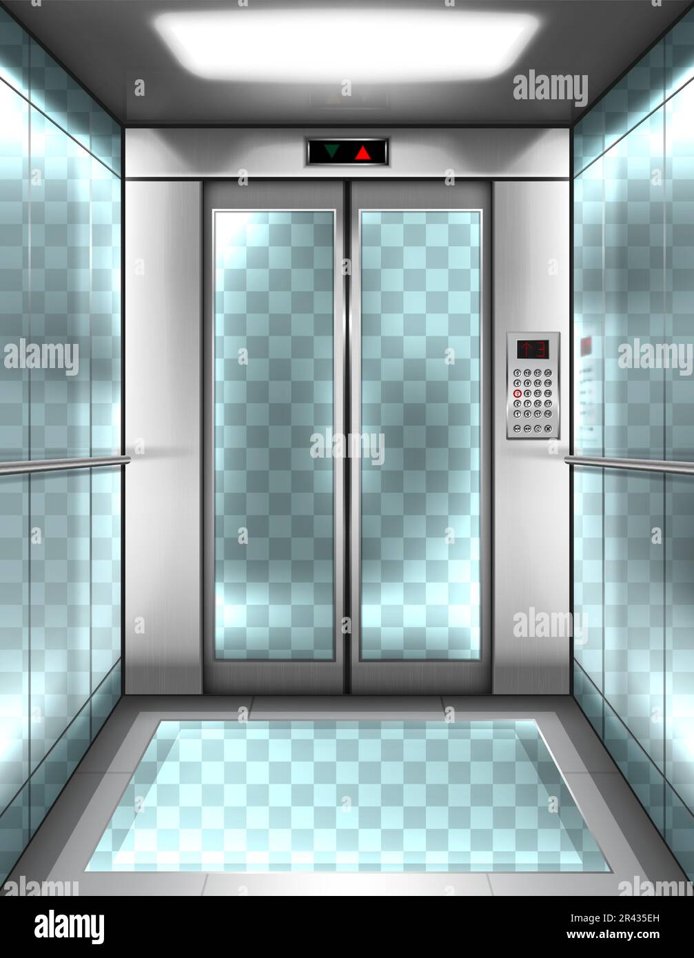 Cabine d'ascenseur en verre vide avec murs transparents, plancher et portes fermées. Intérieur vectoriel réaliste de l'ascenseur passager avec panneau de boutons et affichage numérique avec flèches vers le haut et vers le bas dans le bâtiment de bureau Illustration de Vecteur