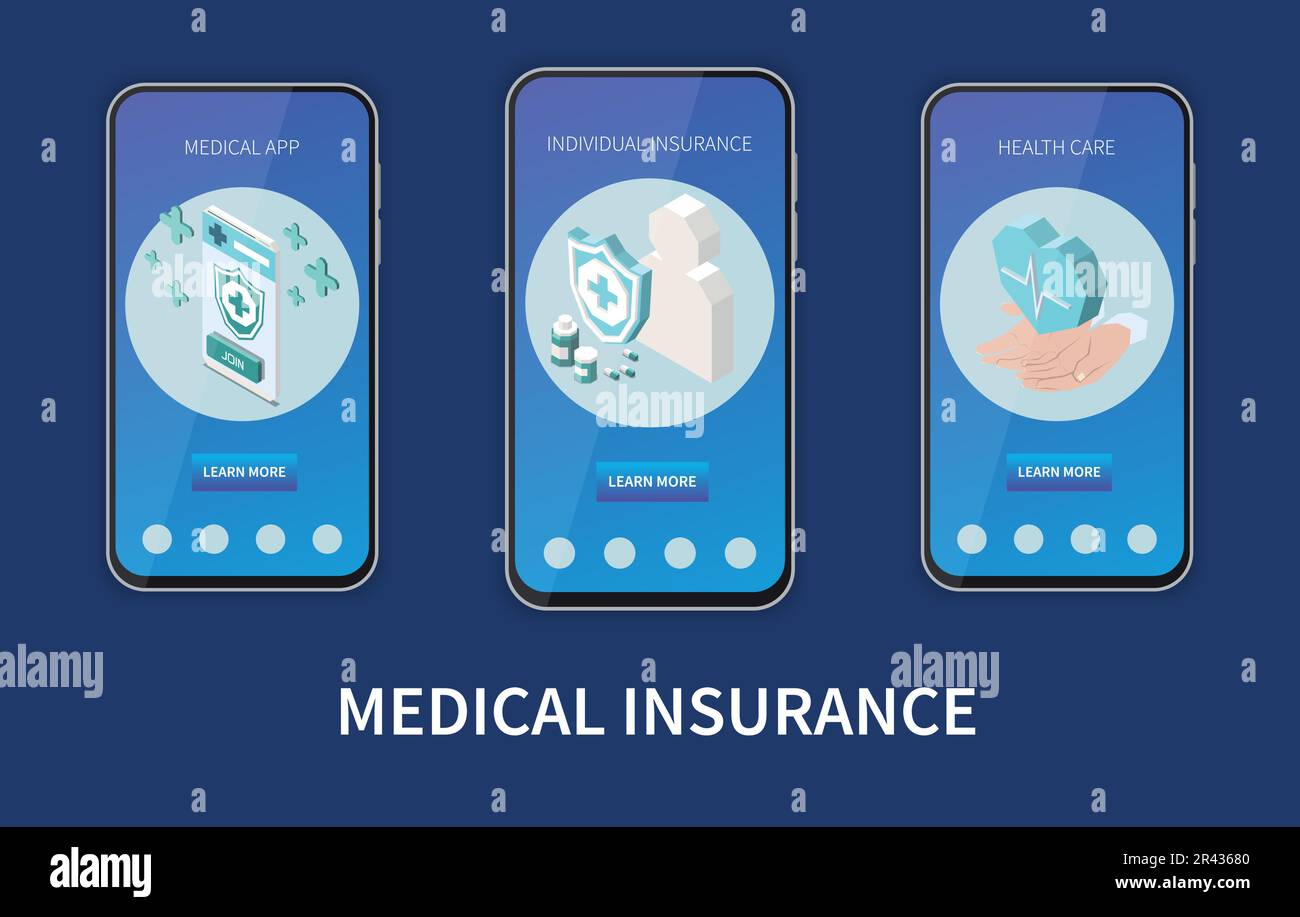 Ensemble isométrique d'assurance maladie avec illustration vectorielle isolée d'application mobile médicale Illustration de Vecteur