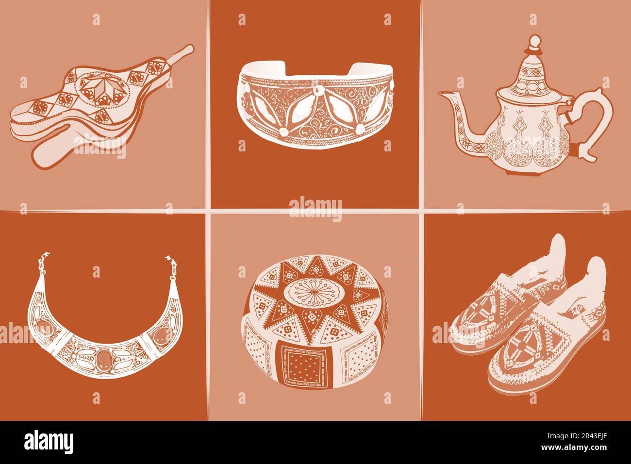 ENSEMBLE de symboles culturels marocains. Collection Maroc Voyage d'icônes Vector isolé illustration, couleurs terre cuite Illustration de Vecteur