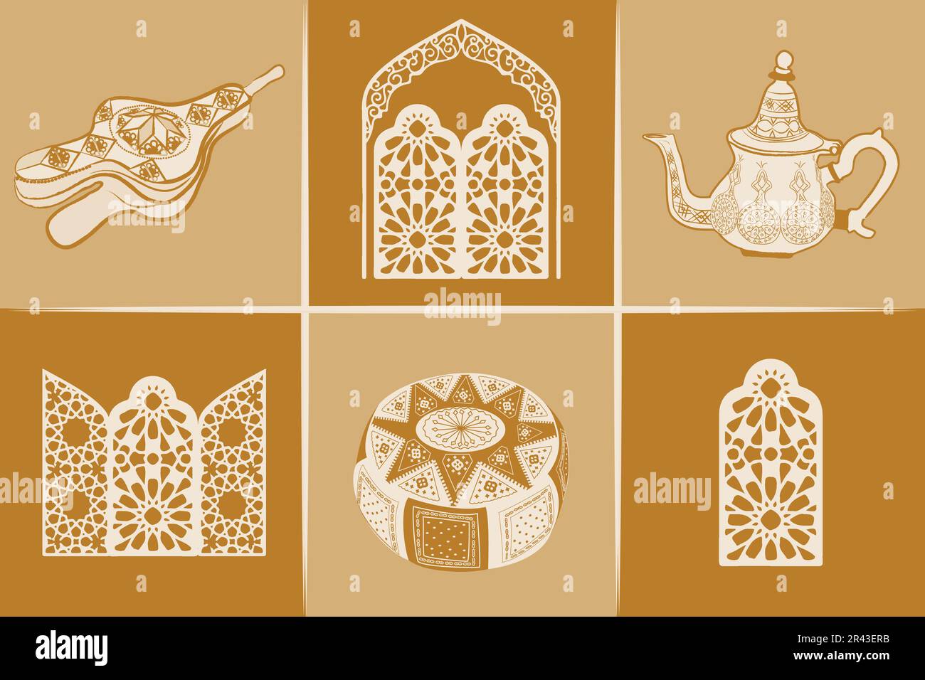 ENSEMBLE de symboles culturels marocains. Collection Maroc Voyage d'icônes Vector isolé illustration, couleurs terre cuite Illustration de Vecteur