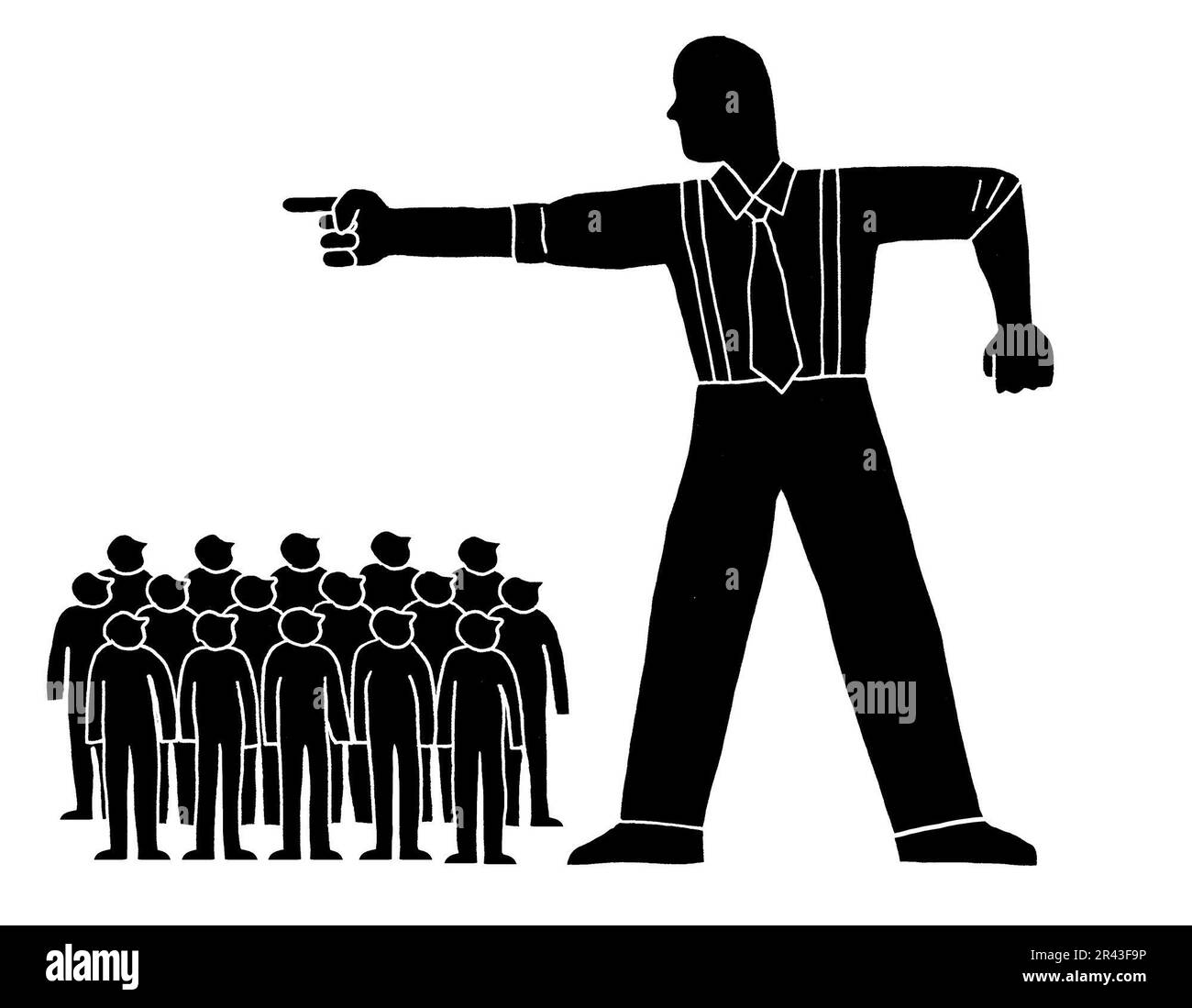 Illustration en noir et blanc d'une grande figure pointant, de petites figures se tenant à proximité et regardant vers le haut une grande figure Banque D'Images