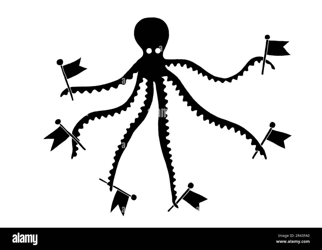 Illustration en noir et blanc de poulpe portant des drapeaux dans les tentacules, illustrant la propagation du colonialisme Banque D'Images