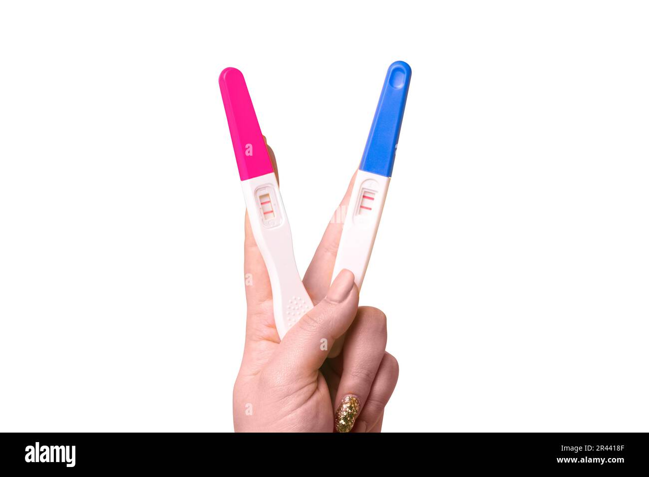Tests de grossesse à la main isolés sur fond blanc Banque D'Images