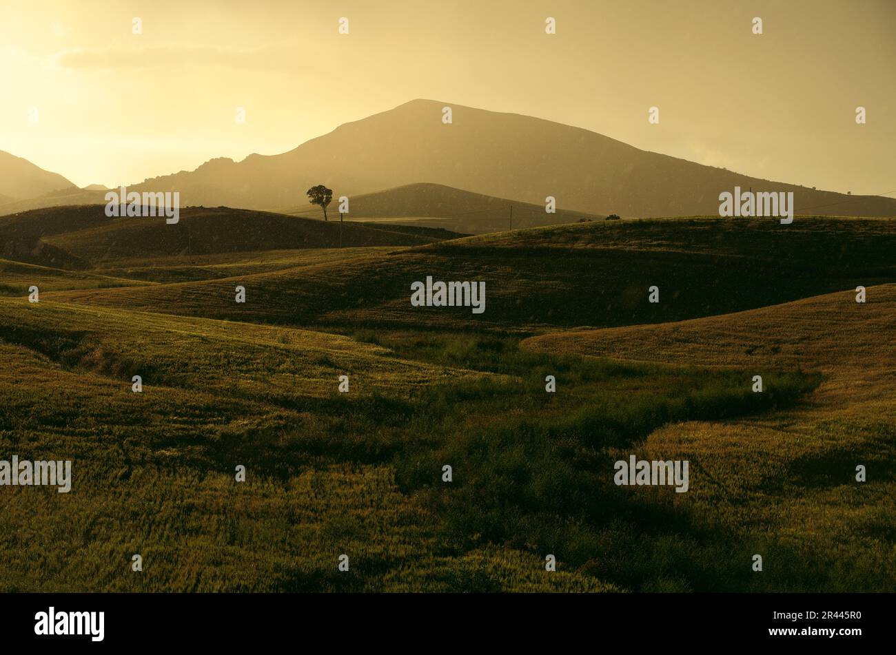 Ensoleillé et pluvieux dans le paysage de printemps de la Sicile, Italie Banque D'Images